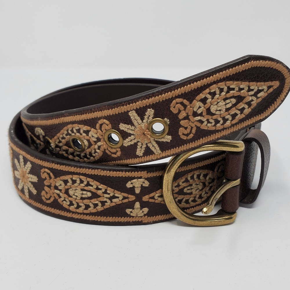 EDDIE BAUER BROWN LEATHER BELT EMBROIDERY EMBELLISHED WOMEN XL